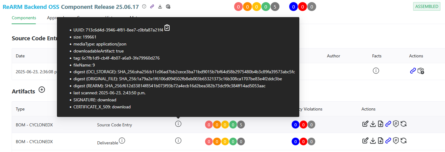 SBOM Facts showing 3 types of SHA256 digests in ReARM